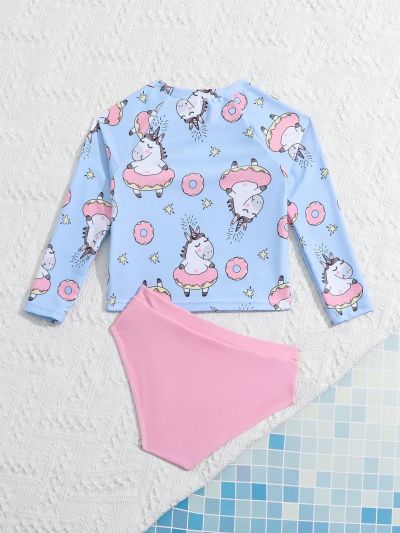Toddler Girls' Cartoon Printed Long Sleeve Tankini Swimsuit Set
