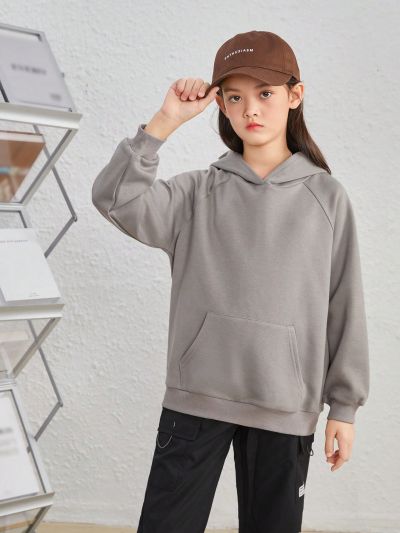 SHEIN Tween Girls' Simple Street Style Knitted Pullover Hoodie With Slogan Print
