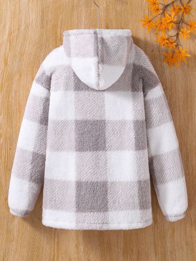 Teen Girls' Plaid Printed Fleece Hooded Jacket