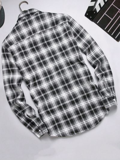 Men's Plaid Flap Pocket Button Down Denim Shirt
