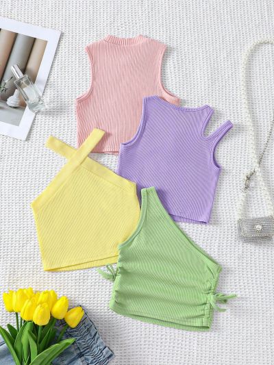 Young Girl's Knitted Solid Color Slim Fit Sleeveless Tops Four-Piece Set