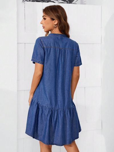 SHEIN LUNE Women's Denim Dress With Ruffle Hem And Notched Collar