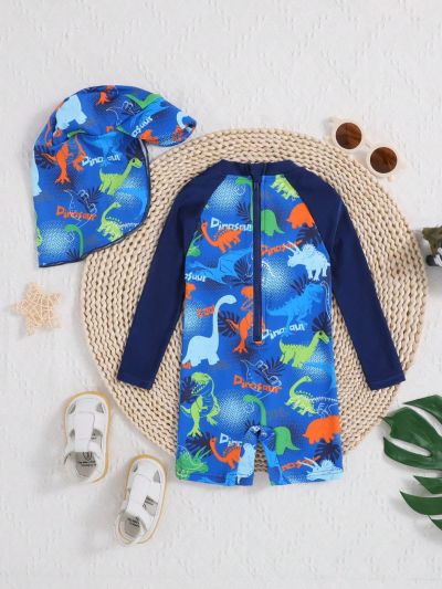 SHEIN Baby Boys' Cartoon Dinosaur Pattern Color Block Long Sleeve One-Piece Swimsuit