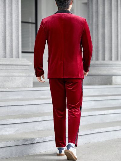 SHEIN Men Contrast Panel Shawl Collar Velvet Blazer & Pants