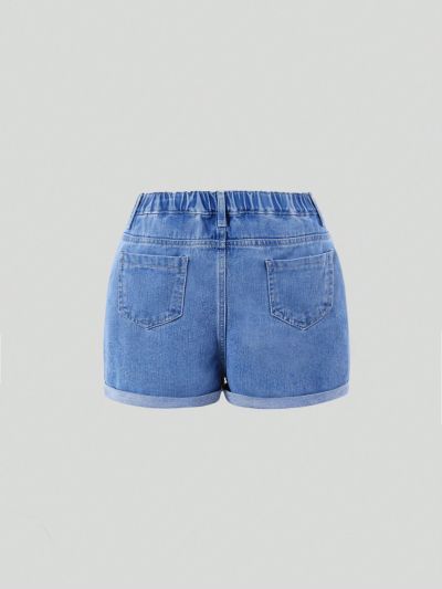 Tween Girls' Vintage Cute Pink Heart Embroidered Water Washed Light Blue Frayed Denim Shorts