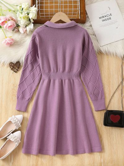 SHEIN Kids CHARMNG Big Girls' Knit Sweater Dress With Collar & Waist Tie