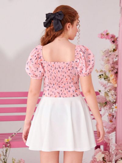 SHEIN Teen Girl's Woven Floral Bubble Sleeve Casual Blouse