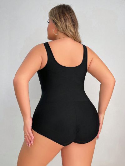 Plus Size Deep V-Neck Mesh Insert Corset Bodysuit