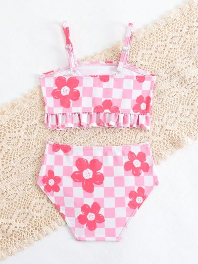 Baby Girls' Floral And Plaid Patterned Swimsuit With Ruffled Hem Detail