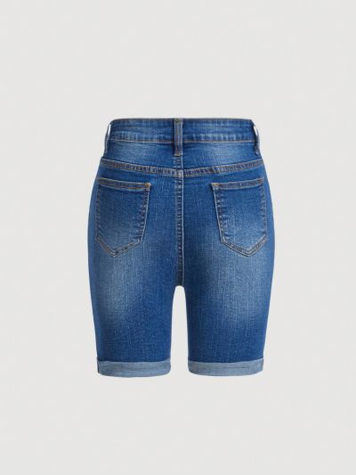 SHEIN Tween Girl Ripped Jeans Rolled Hem Denim Shorts