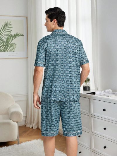 Men's Letter Print Color Block Collar Short Sleeve Top And Shorts Homewear Set