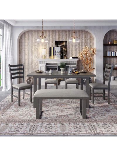Merax 6-Pieces Family Furniture, Solid Wood Dining Room Set with Rectangular Table & 4 Chairs with Bench(Gray)