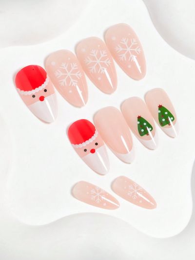 24pcs Christmas Press on Nails Medium Almond Fake Nails Red French Tip Acrylic Nails Cute Elk Snowflake Full Cover Santa Hat False Nails with Designs Press on Nails Winter Xmas Nail Art Decorations for Women Girls & 1sheet Tape & 1pc Nail File