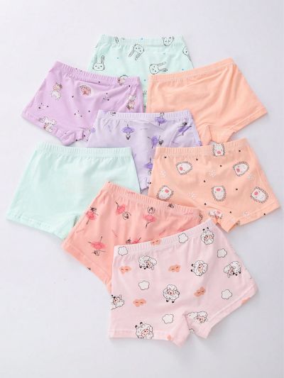 Girls' Cartoon Animal Print Boxer Briefs, 8pcs/pack