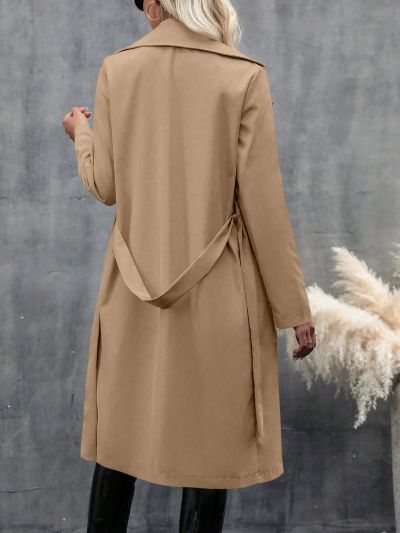 Women's Solid Color Double-breasted Trench Coat With Waist Belt
