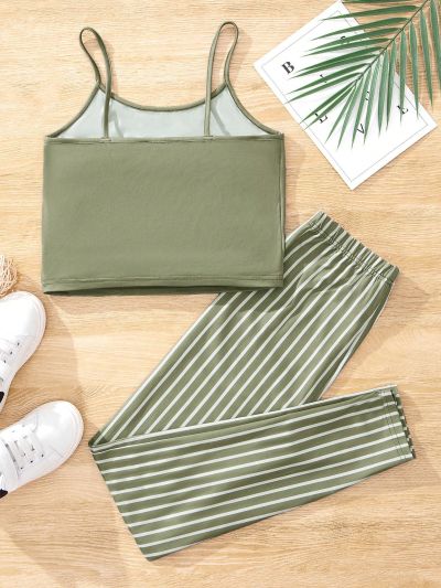SHEIN Big Girls' Letter Print Tank Top & Striped Long Pants Homewear Set