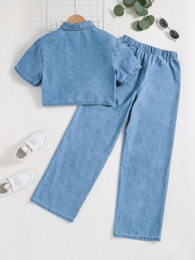 SHEIN Tween Girls' Short Sleeve Denim Shirt With Knot Detail Hem And Jeans Outfit Set