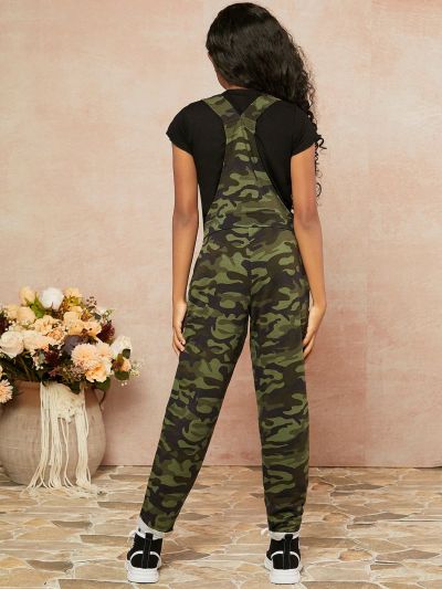 Girls Camo Print Pocket Drawstring Waist Jumpsuit