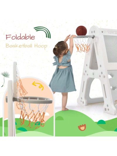 Merax 5-in-1 Toddler Climber Basketball Hoop Set Kids Playground Climber Playset with Tunnel, Climber, Whiteboard,Toy Building Block Baseplates, Combination for Babies