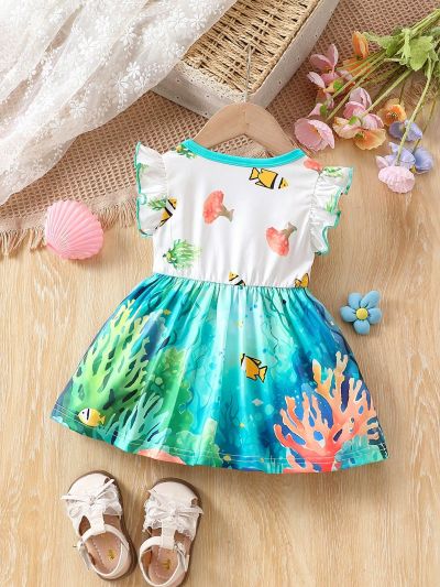 Baby Girls' Casual Knit Ocean Print Summer Dress