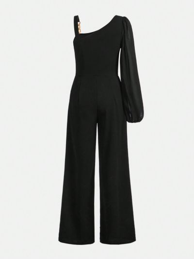 SHEIN Teen Girl Asymmetrical Neck Lantern Sleeve Chain Detail Jumpsuit