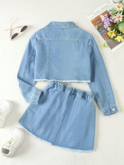 Girls' Ripped Cropped Denim Jacket And Frayed Hem Denim Mini Skirt Set, Tween