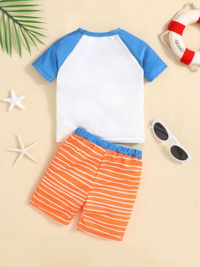 SHEIN Baby Boy Color Block Cartoon Octopus Pattern Short Sleeve Tee With Raglan Sleeves And Casual Shorts Swimwear 2pcs/Set