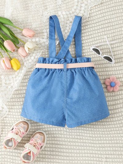 SHEIN Kids Y2Kool Girls' Denim Overall Shorts With Cartoon Embroidery