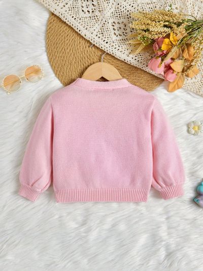 SHEIN Baby Girls' Adorable Long Sleeve V-Neck Cardigan With Little Flower Detail