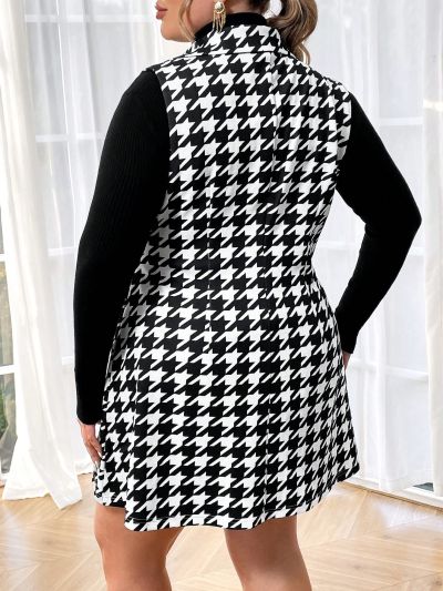 SHEIN Privé Plus Size Women's Houndstooth Knot Detail Side Blazer