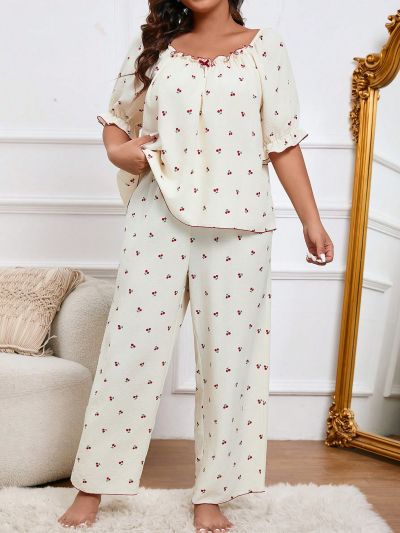 Plus Size Women's Cute Cherry Bubble Crepe Short-Sleeved Pants Homewear Set