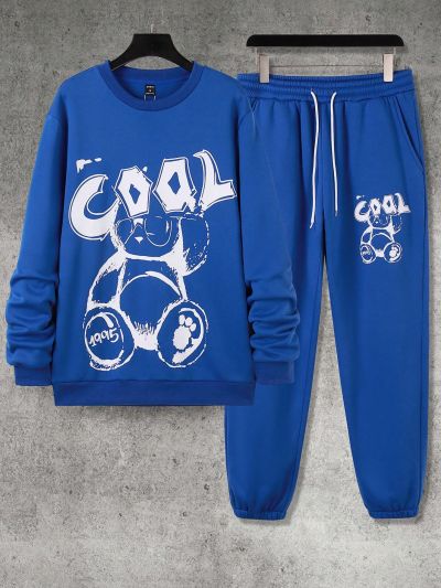 Manfinity Homme Men'S Casual Fleece Cartoon Letter Print Sweatshirt & Sweatpants Set