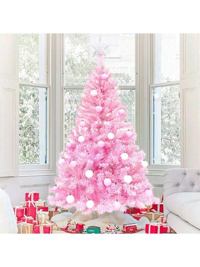 Pre-lit Artificial Christmas 2-Piece Set, Xmas Tree 5FT Pink Christmas Tree with 6 feet Garland X-mas