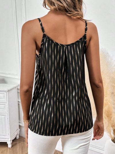 SHEIN Clasi Women Black Striped Pleated Gold-Printed Commuting Party Cami Top