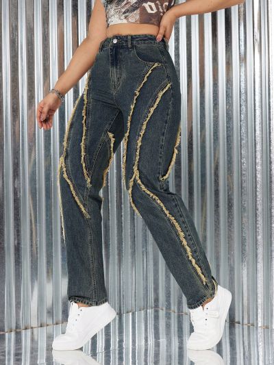 SHEIN ICON Women'S Frayed Edge Denim Jeans