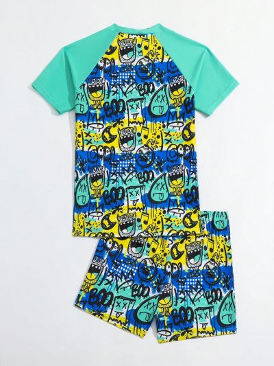 Teenager Boys' Graffiti Print Short Sleeve T-Shirt And Square Legswimsuit Set, Summer