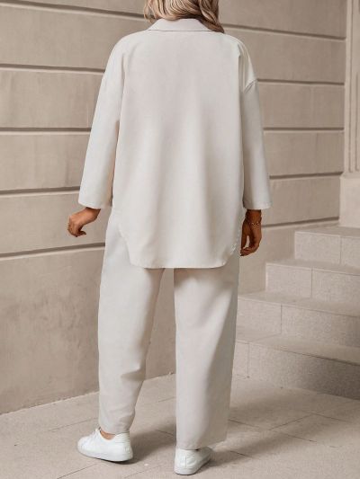 Plus Size Women's Drop Shoulder Long Sleeve Shirt And Pants Set