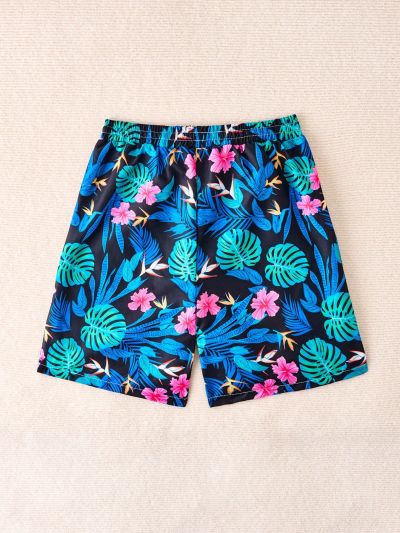 Teen Boys' Tropical Leaf Print Beach Shorts, Daddy And Me Matching Outfits (3 Pieces Are Sold Separately)