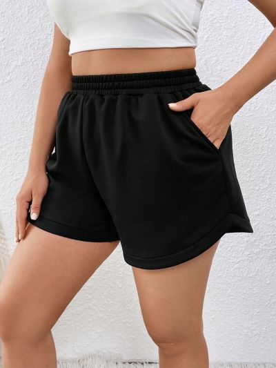 SHEIN Essnce Plus Size Spring And Summer Clothing New Fashion Casual Waist Elastic Pleated Printed Letter Decorated Sports Shorts