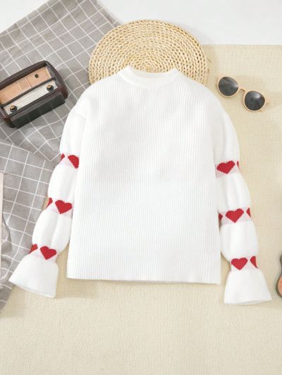Tween Girls' Heart Printed Bell Sleeve Sweater