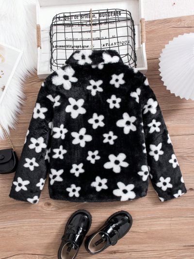 Tween Girl 1pc Floral Pattern Zipper Fuzzy Coat