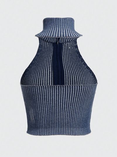 ROMWE PUNK Women's Crop Knit Top With High Neck