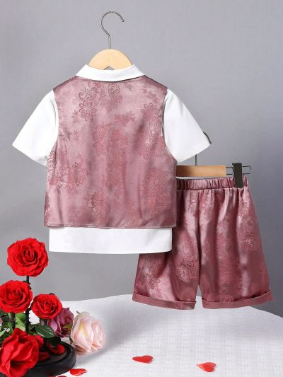 SHEIN Kids FANZEY 3pcs/Set Little Boys' Slim-Fit Vest, Pants, And Shirt In Glossy Jacquard Fabric With Subtle Pattern