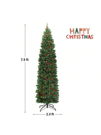 Gymax 7.5Ft Pre-Lit Pencil Christmas Tree Hinged Artificial Slim Tree w/ LED Lights