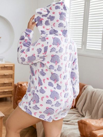 Plus Star & Cloud Print 3D Ear Design Hooded Flannelette Sleep Romper