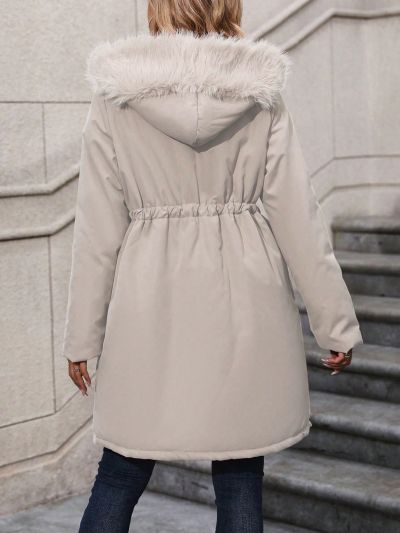 Plus Size Fuzzy Trim Drawstring Waist Warm Lined Hooded Winter Coat
