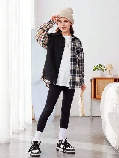 SHEIN Girls' Daily Casual Woven Plaid Patchwork Long Sleeve Shirt