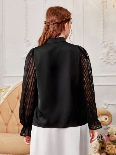 SHEIN Teen Girl Stand Collar Lace Patchwork Sheer Mesh Layered Flounce Sleeve Shirt With Cutout