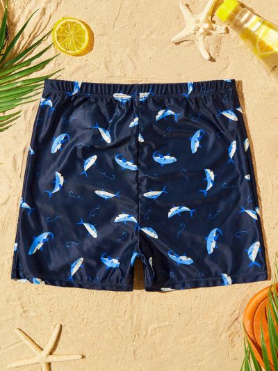 SHEIN Boys' Casual Shark Print Knitted Swim Shorts