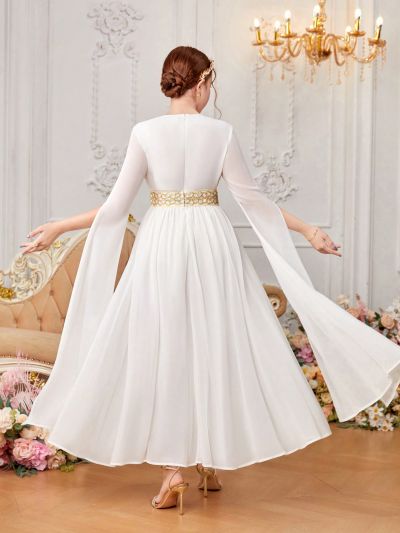 SHEIN Teenage Girls' Chiffon Patchwork Gold Lace Split Casual Dress With Bell Sleeve